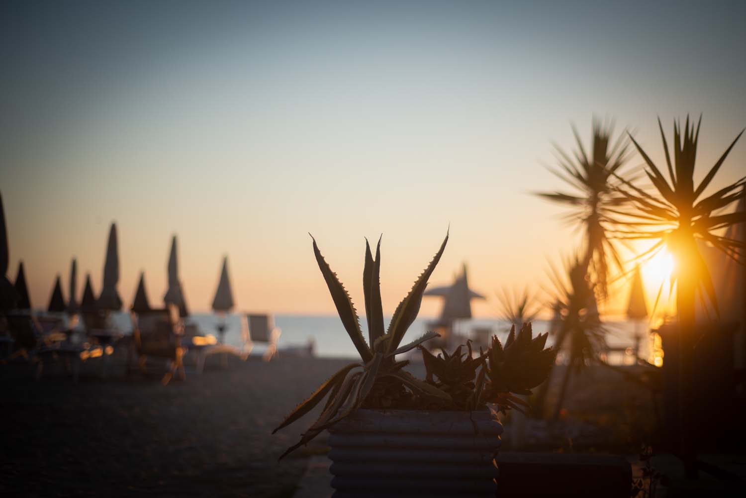 L'alba sul mare di Roseto degli Abruzzi con gli ombrelloni del lido in silhouette